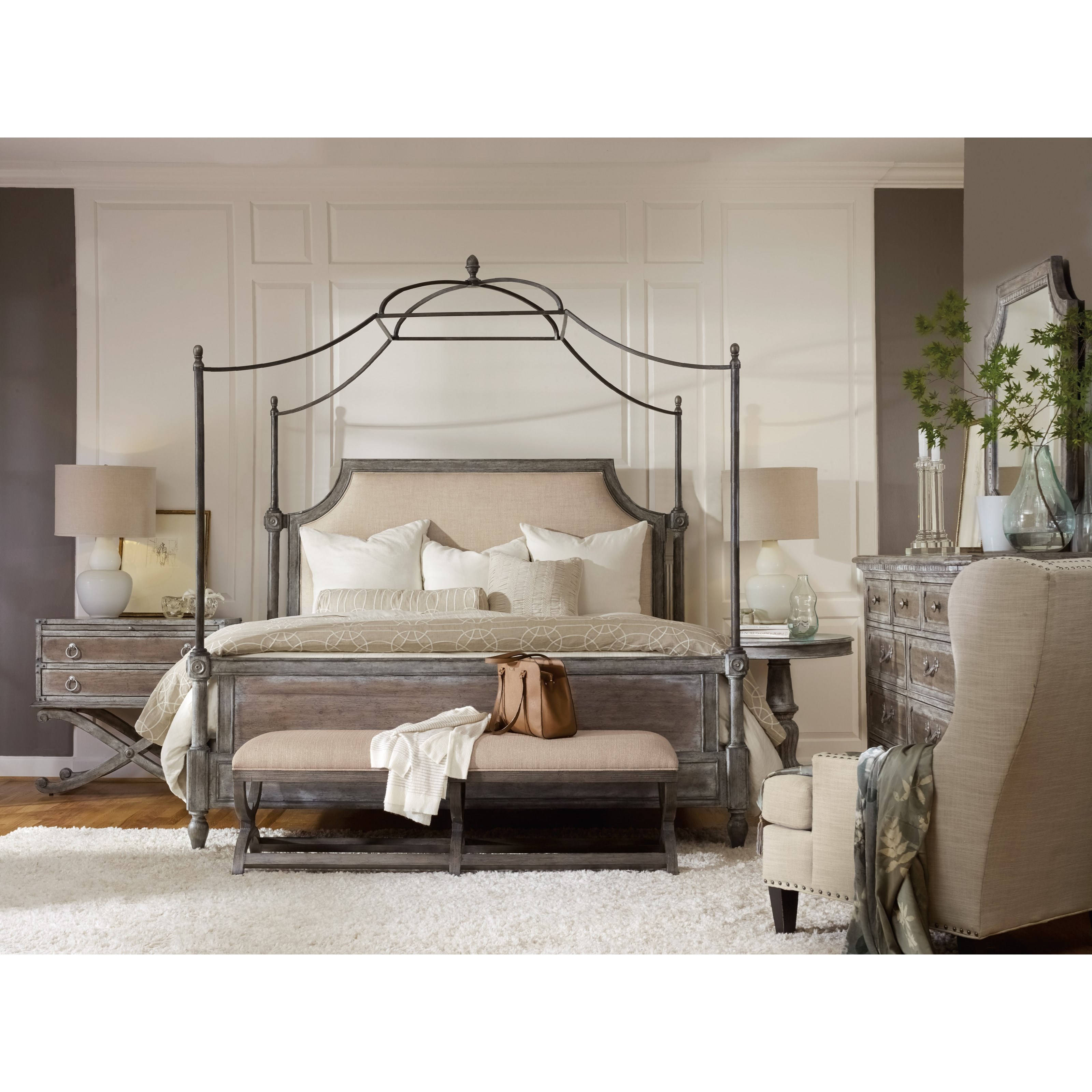 Hooker Furniture True Vintage King Fabric Upholstered Poster Bed